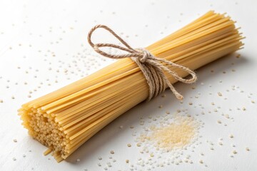 Bundled Uncooked Spaghetti With Twine on White Background Generative AI