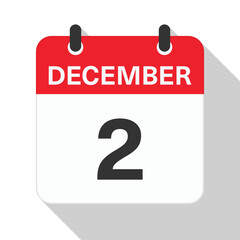 December 2 Daily Calendar. Red Theme on White Background.