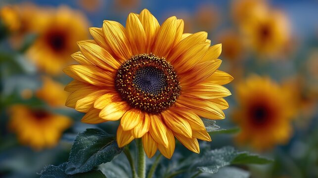Botanical Sunflower Disc Illustration with Golden Spiral Phyllotaxis and Dew-Covered Leaves in Photoperiod Response