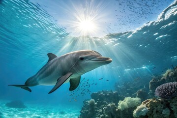 Fototapeta premium Dolphin Swims Gracefully in Sunlit Underwater World Generative AI