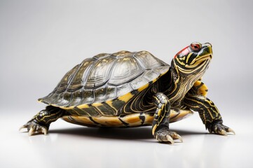 Obraz premium A vibrant turtle with a patterned shell and red markings, posed against a neutral background