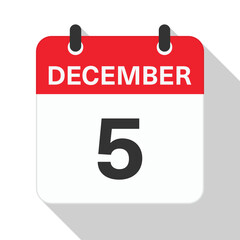 December 5 Daily Calendar. Red Theme on White Background.