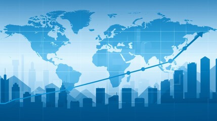 Upward arrow chart with world map and city skyline depicting real estate price growth trends