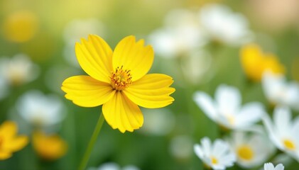 Bright yellow flower among white flowers, isolated , one, apart, highlight