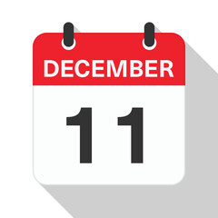 December 11 Daily Calendar. Red Theme on White Background.