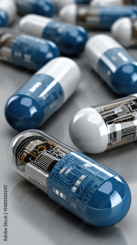 Poster macro view of blue and purple capsule-shaped pills with circuit board patterns showcasing futuristic