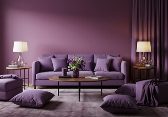 Purple living room interior with sofa, pillows, and coffee table arrangement