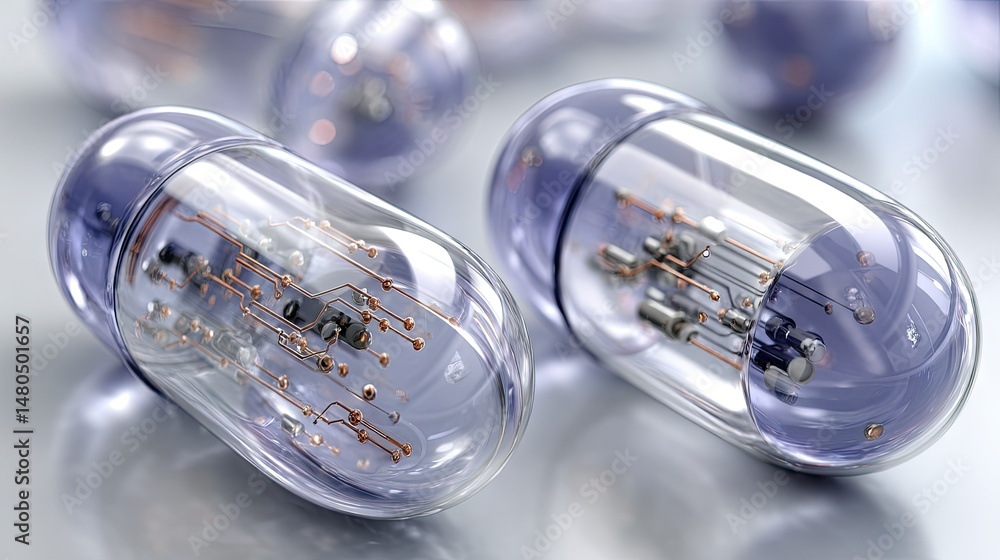 Poster macro view of blue and purple capsule-shaped pills with circuit board patterns showcasing futuristic