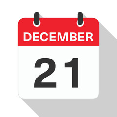 December 21 Daily Calendar. Red Theme on White Background.