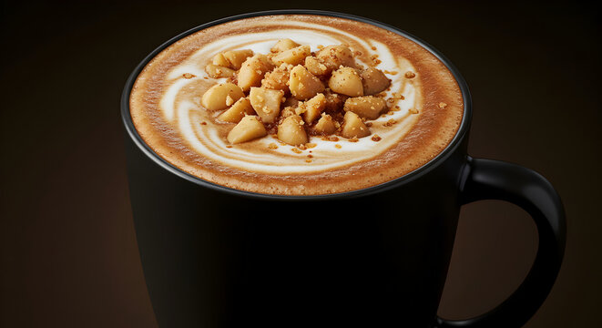 Delicious Cappuccino With Macadamia Nuts In Black Cup In Studio Shot