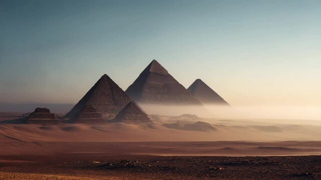 Three Pyramids in a Misty Desert Sunrise