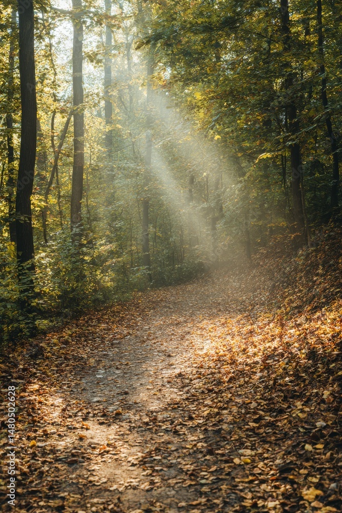 Poster a path in the forest covered with fallen leaves, sunbeams streaming through the trees creating a war
