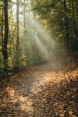 Fototapeta premium A path in the forest covered with fallen leaves, sunbeams streaming through the trees creating a warm and peaceful autumn scene Generative AI