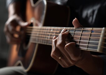 Close-up of a person playing acoustic guitar.