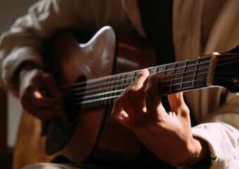 Hands of a musician playing an acoustic guitar.