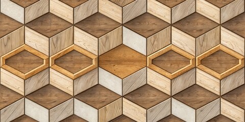 Geometric Wooden Panel Design with Hexagon Insets and 3D Cube Pattern