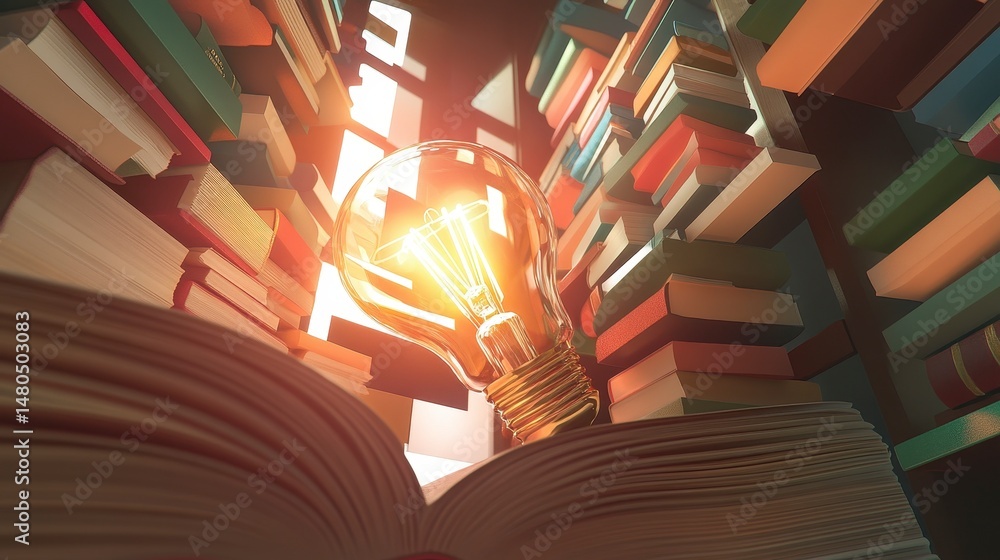 Aufkleber Glowing lightbulb on open book surrounded by stacks of books.
