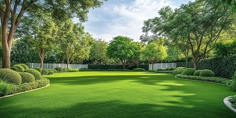 Lush Green Lawn with Manicured Hedges and Trees