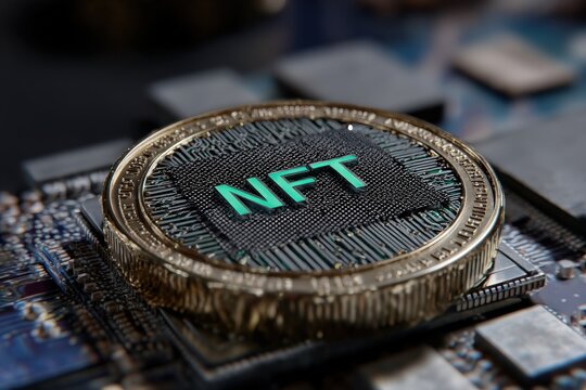 Close-up of a digital coin with 'NFT' inscription.
