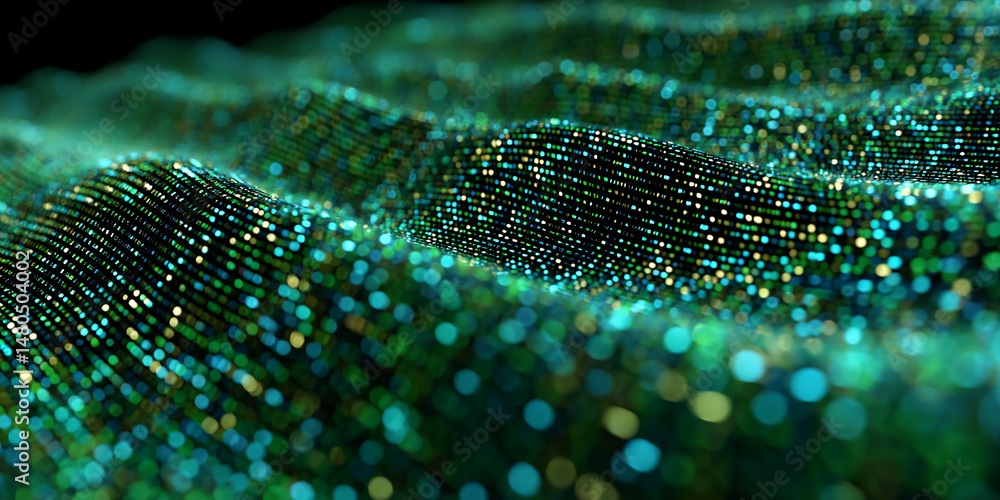 Poster abstract green and blue glittering texture, undulating in waves, creating a dynamic and vibrant visu