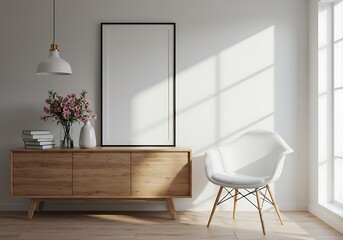 Interior with blank frame, cabinet, flowers, books and chair near window
