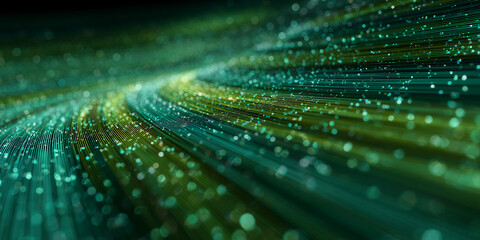 Abstract image of green and teal lines curving, creating a dynamic, energetic visual.  Suggests movement, speed, or technological advancement