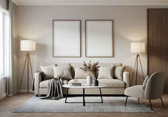 Living room interior with sofa, frames, lamps, and coffee table in neutral tones