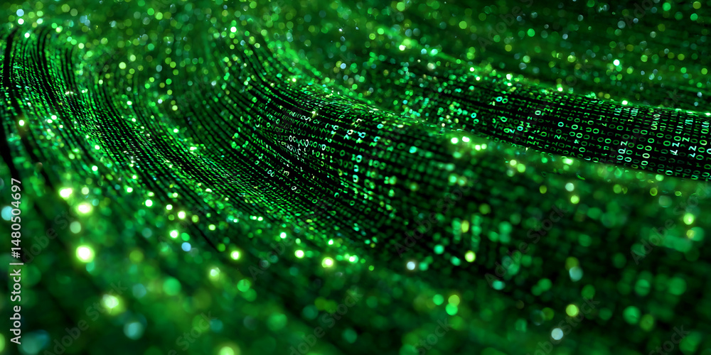 Poster abstract green texture with binary code, creating a flowing, dynamic visual, symbolizing technology,