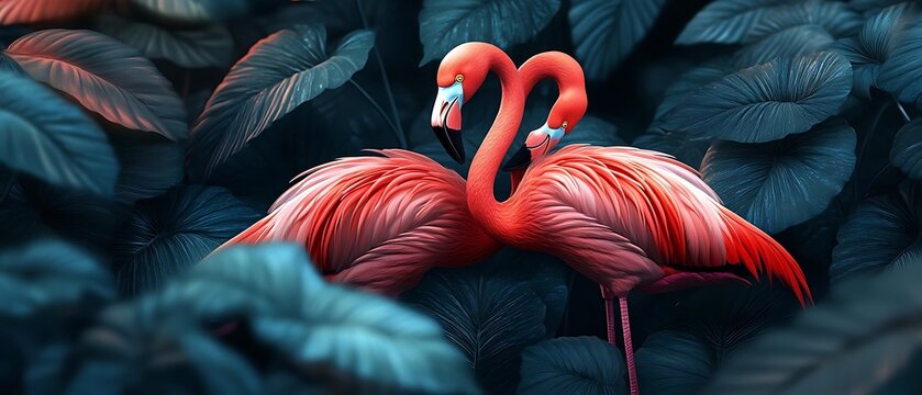 Two flamingos nestled, tropical leaves
