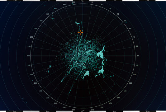 Radar display featuring circular gridlines and detailed tracking data visuals
