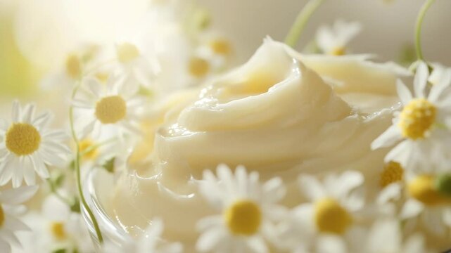 A jar of yellow butter is sitting on a table with a bunch of yellow flowers. The butter is spread out on the table, and the flowers are scattered around it. The scene has a warm and inviting feeling