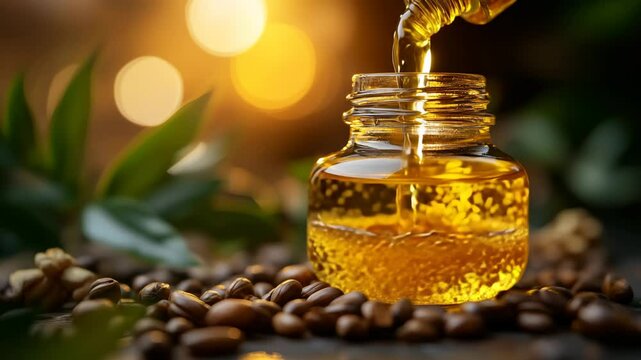 A jar of oil is poured out onto a table. The jar is half full and the oil is pouring out of it. The table is covered with coffee beans and leaves