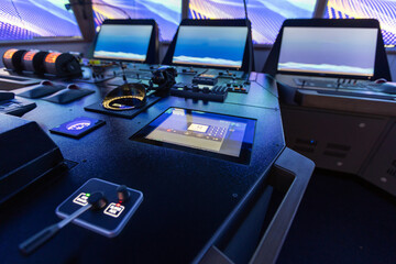 Fototapeta na wymiar Marine navigation simulator. Control room of a ship,