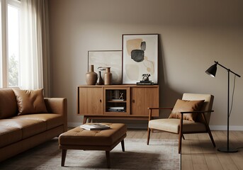 Living room interior featuring a tan leather sofa ottoman and wooden cabinet