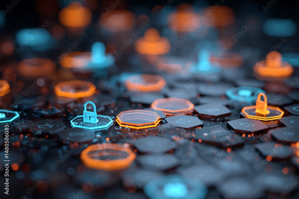 Poster abstract image of glowing hexagonal elements with padlock icons, representing cybersecurity, data pr