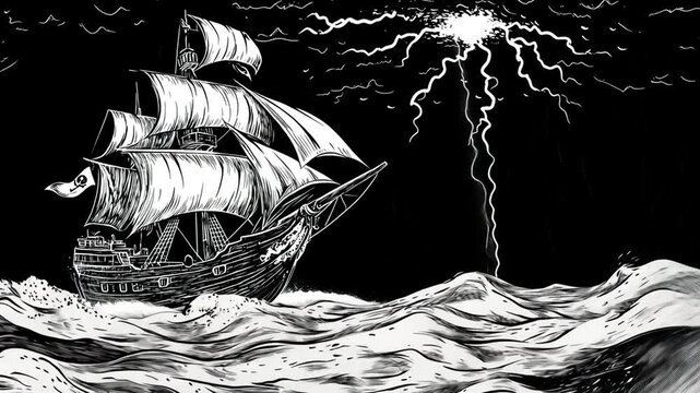 Gale-Force Winds: A Pirate Ship Braving a Storm