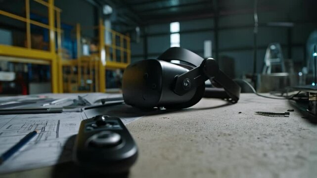 A closeup shot of a VR headset and handheld remote lying on a desk surrounded by factory schematics and technical documentation indicating preparation for a remote acceptance test demonstration.