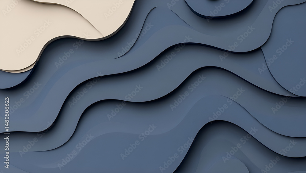 Poster abstract 3d paper cut waves in serene blue and beige tones creating a modern and stylish background 