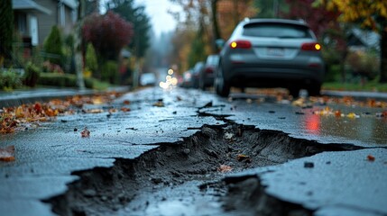 Damaged pavement on a rainy street