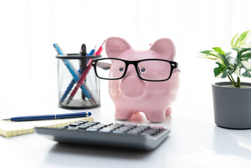 Smart piggy bank wearing glasses, using calculator