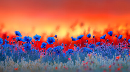 Vibrant sunset over a field of colorful flowers, showcasing blue and red blooms against a dramatic sky