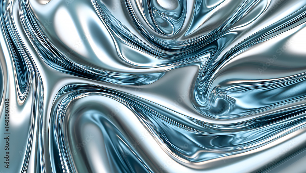 Poster abstract metallic fluid texture in shades of blue and silver creating a smooth flowing and reflectiv