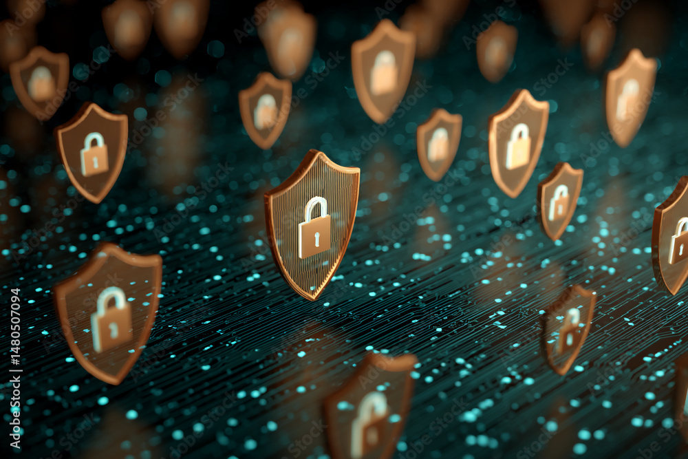 Poster bronze shields with lock icons hover over a teal circuit board, symbolizing digital security and dat