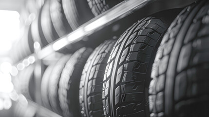 Close-up image of new car tires displayed on shelves in a tire shop, highlighting the tread patterns and rubber texture.