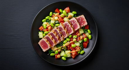 Seared Tuna Steak With Edamame And Vegetable Salad On Black Plate