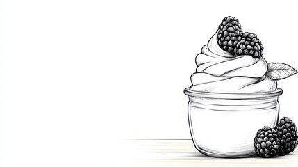 Black and White Illustration of Blackberry Parfait Dessert