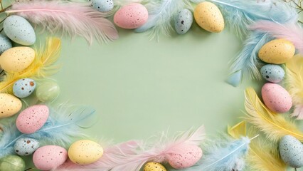 Obraz premium Colorful Easter Eggs and Feathers Frame a Green Background for Festive Celebrations