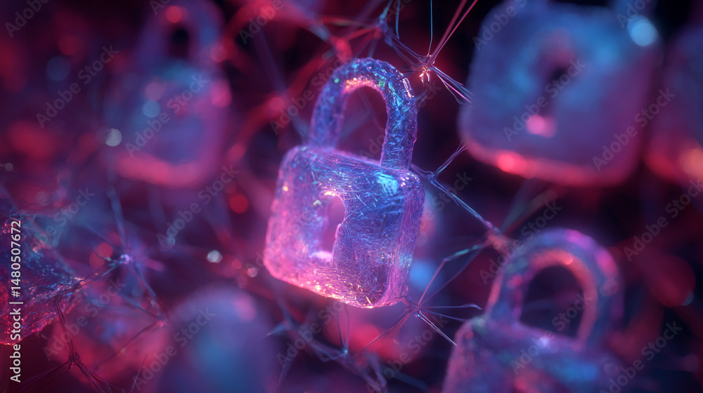 Poster abstract image of glowing, translucent padlocks interconnected, creating a network symbolizing cyber