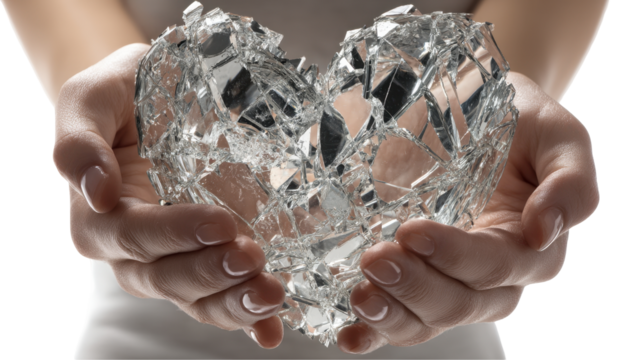 A broken heart made of shattered glass, symbolizing lost love. transparent background