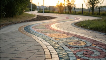 Obraz premium A winding pathway of colorful mosaic tiles, inviting you to follow the curves of a leisurely stroll through a serene park.
